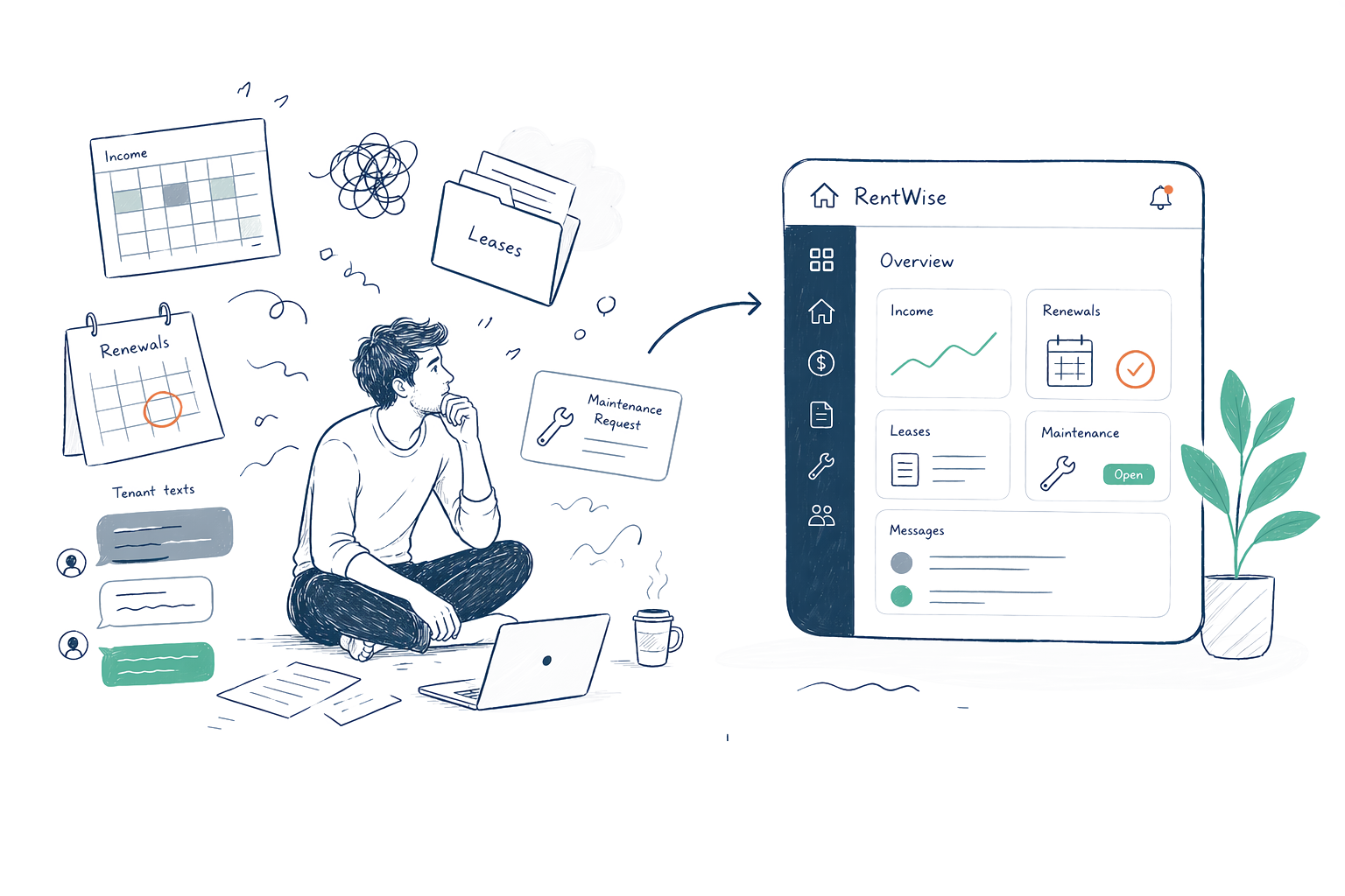 Hand-drawn illustration of two landlords reviewing RentWise on a laptop, with icons for finances, leases, maintenance, and records